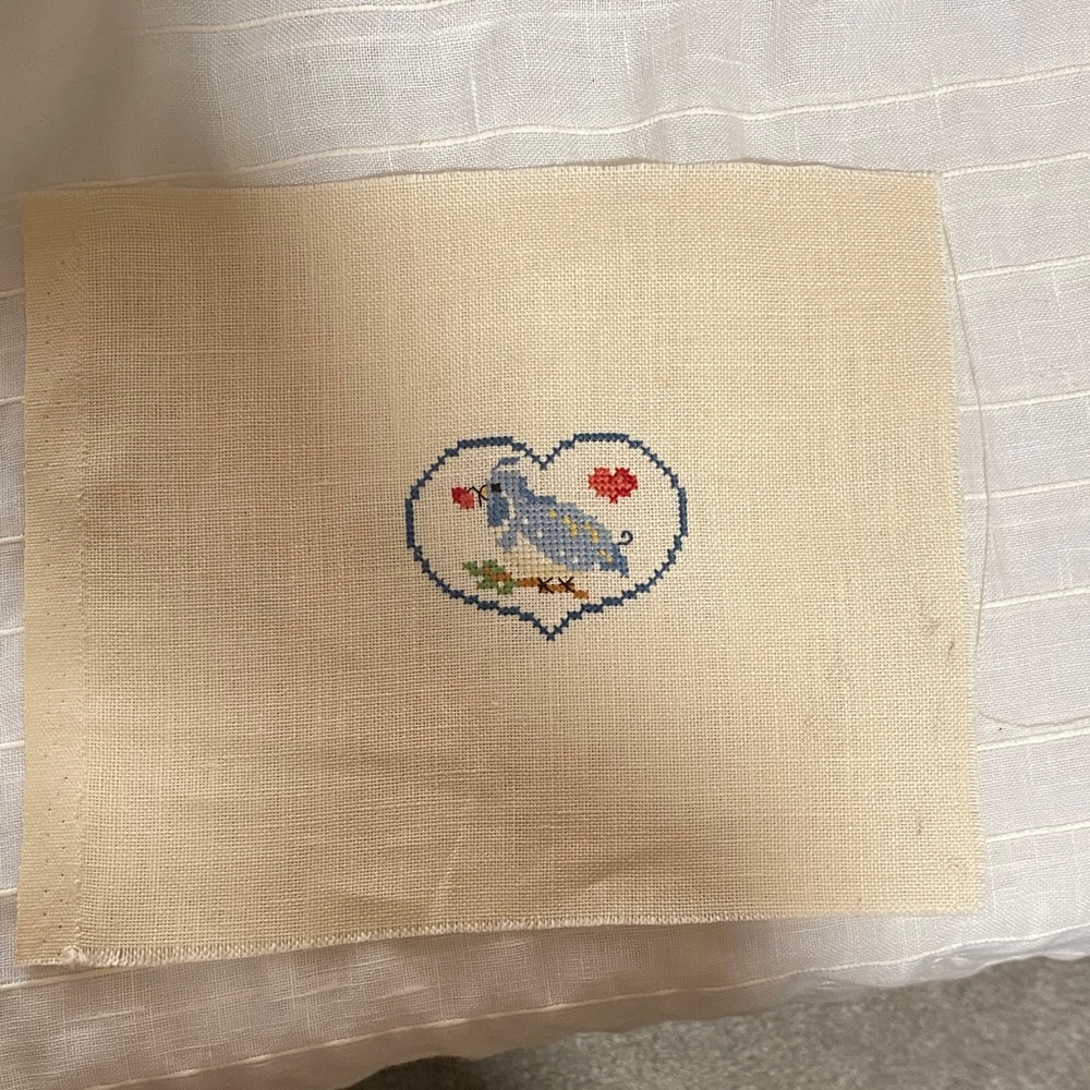 Heart cross-stitch Fabric with Blue quail